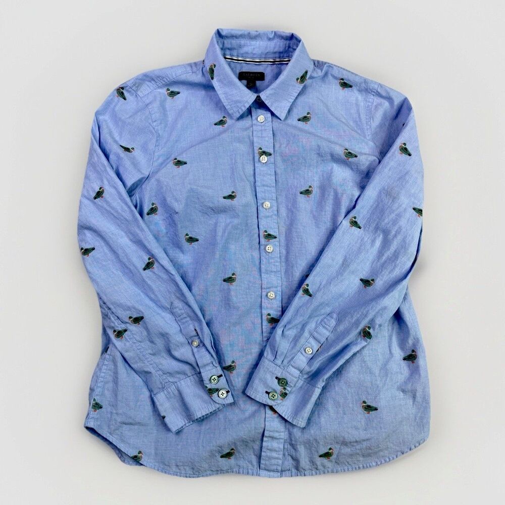 Talbots Blouse Women’s SP Blue Duck Print Button Front Cotton Long Sleeve